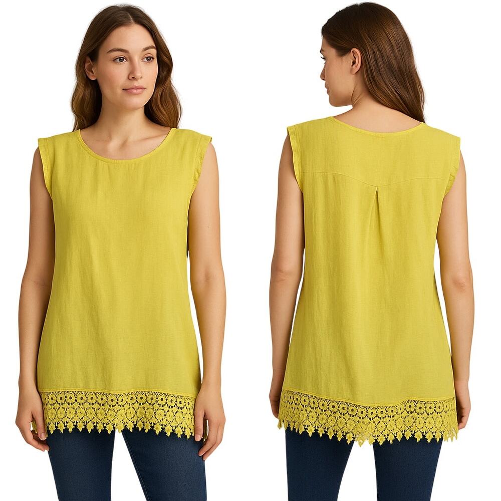 Made in Italy Linen Tank Top Women L‎ Lime Green Crochet Hem Lagenlook